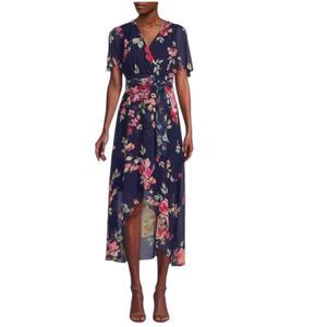 Eliza J Dress Womens Size 0 Blue Floral Flutter Sleeve Midi High‎ Low Ruffle